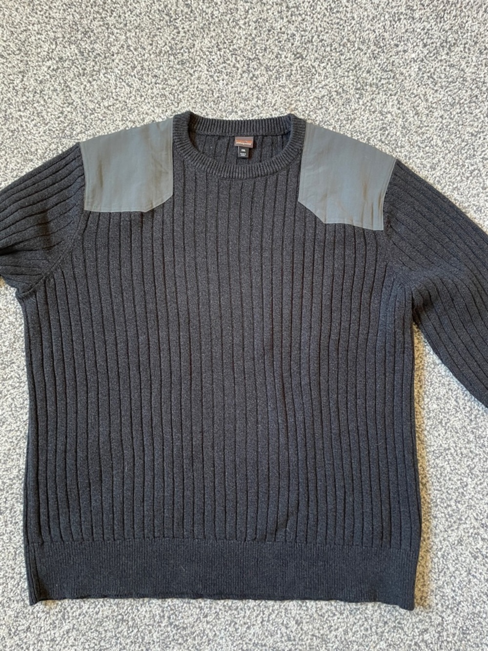 Patagonia Black Ribbed Crewneck Sweater with Gray Shoulder Patches